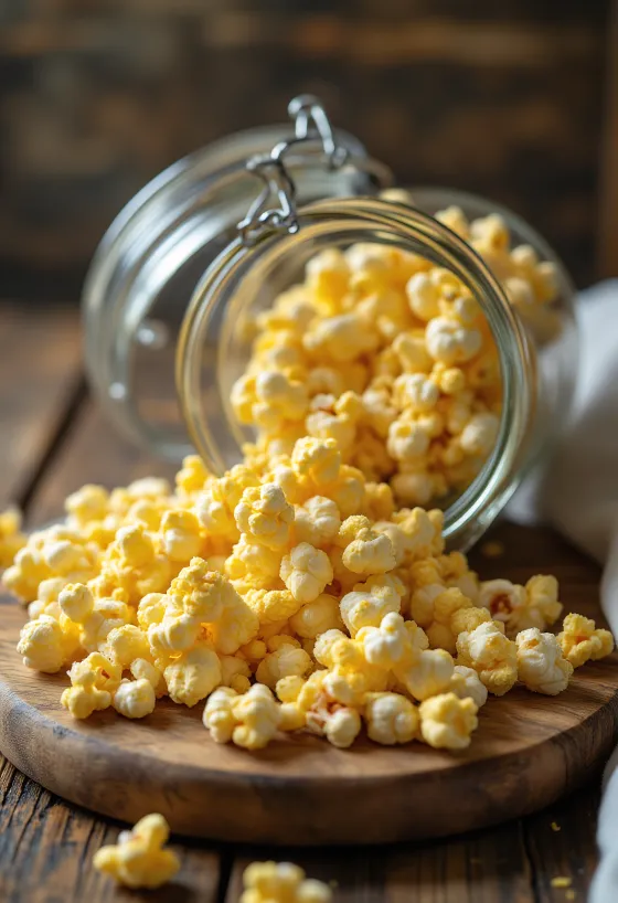 Dry popcorn kernels spread on wooden kitchen surface