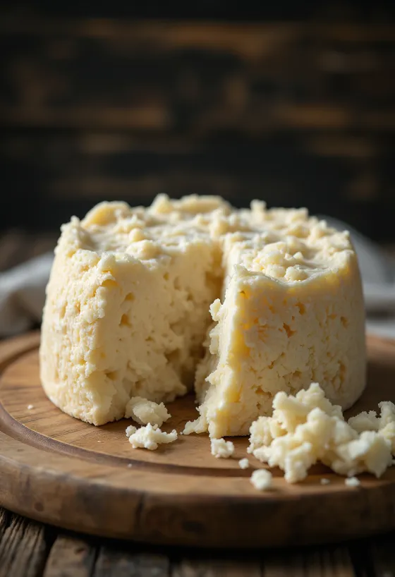 Fresh Pecorino sheep's cheese in a white ceramic bowl on a wooden table