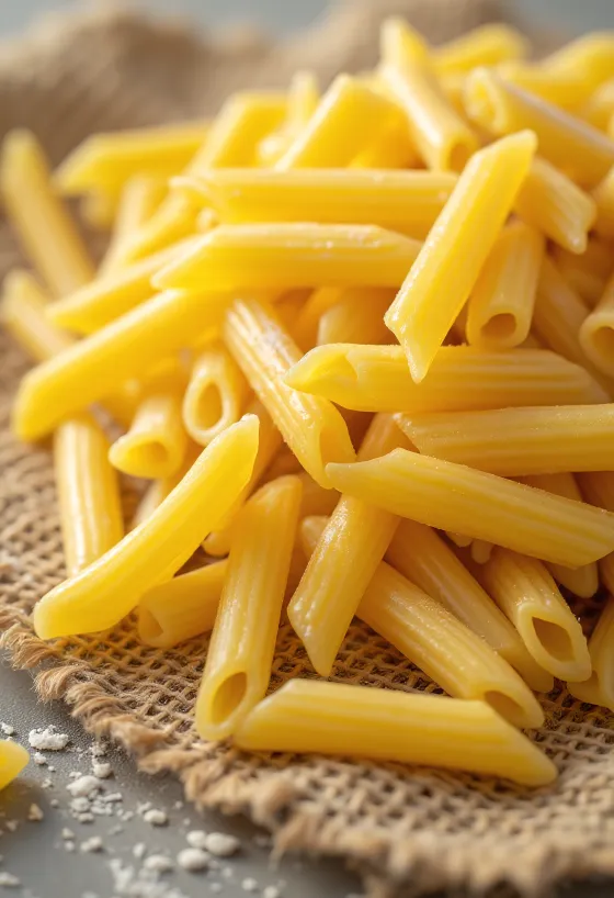 Dried penne pasta with ribbed surface on a wooden background