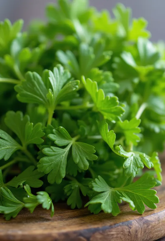 Fresh parsley, chopped and whole on a rustic surface