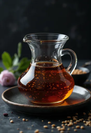 Toasted sesame oil in a dark bottle, displayed with a small bowl and toasted seeds