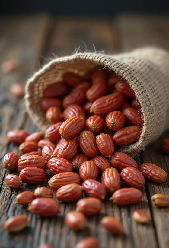 Shelled redskin peanuts in a rustic bowl under natural light