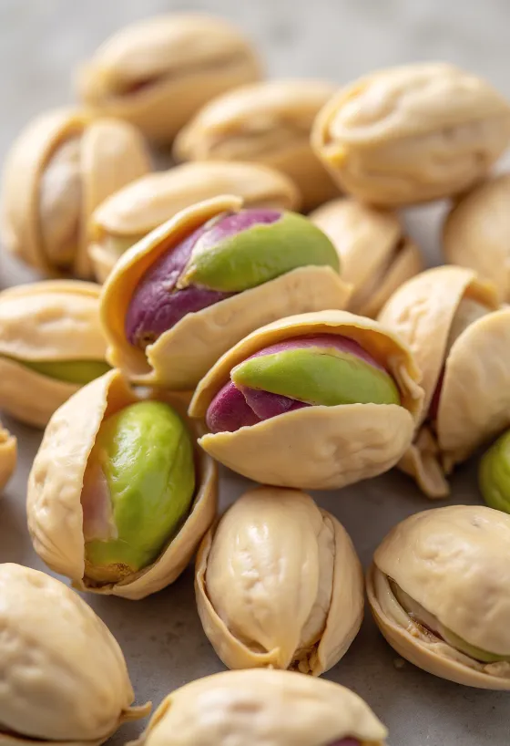 Shelled pistachio kernels in a wooden bowl and scattered on a light surface