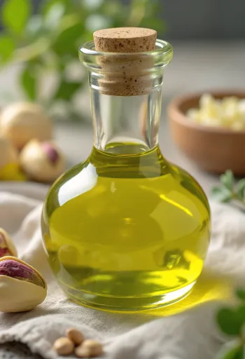 Pistachio oil in a small bottle, next to shelled pistachios in a bowl