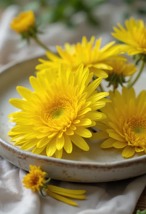 Fresh dandelion flower petals on a white plate, edible