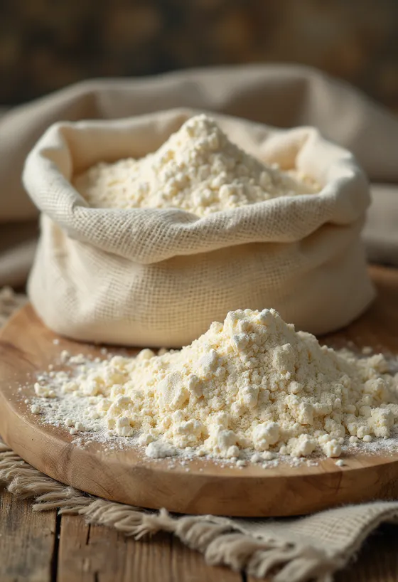 Plantain flour in a bowl with a spoon, accompanied by green plantain and slices