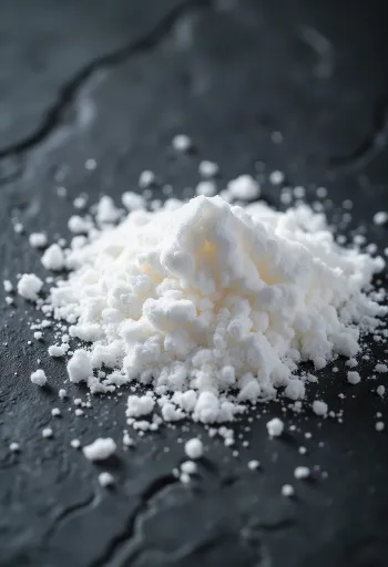 Icing sugar in a ceramic bowl, with a sifter and fine white dust around