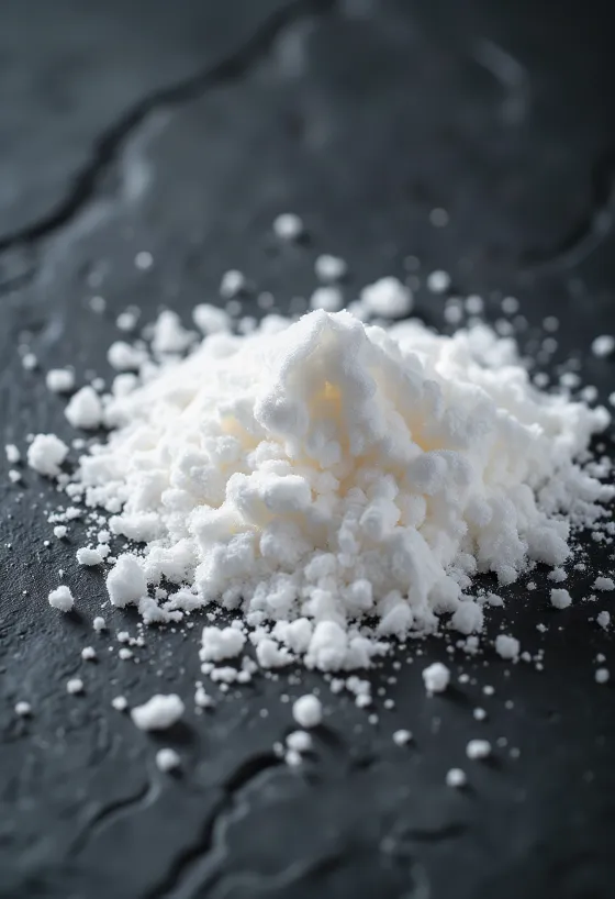 Icing sugar in a ceramic bowl, with a sifter and fine white dust around