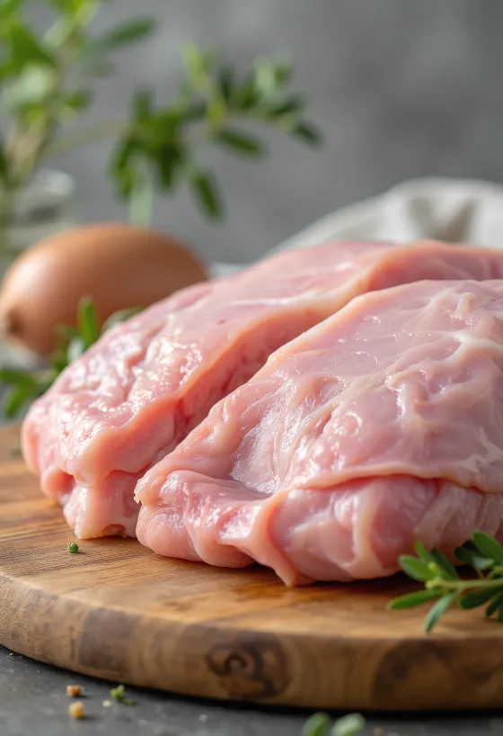 Fresh turkey pieces with spices and garlic on a wooden chopping board