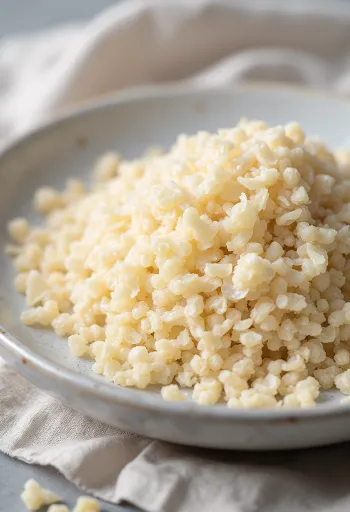 Flattened quinoa flakes with a light beige colour and delicate texture.