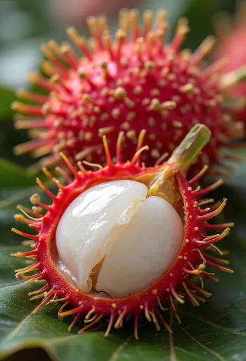 Whole and halved rambutan fruit with red hairy skin and white flesh