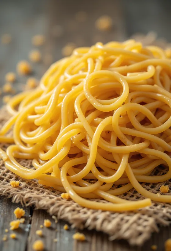 Dried ramen noodles spread out on a wooden surface