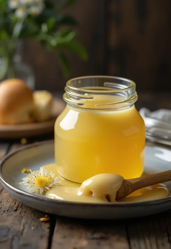 Creamy rapeseed honey in a jar with a honey dipper