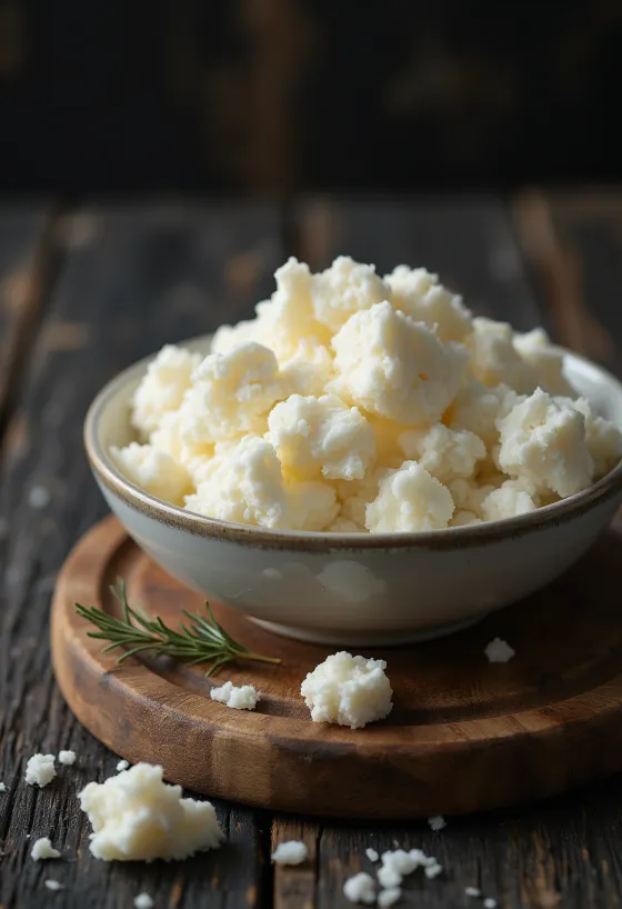 Fresh whey ricotta cheese in a white ceramic bowl on a wooden table