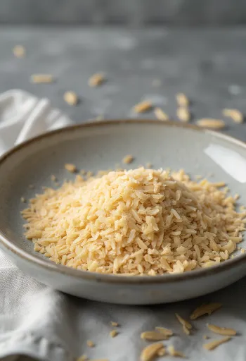 Rice bran in a small ceramic bowl and scattered on a wooden kitchen surface