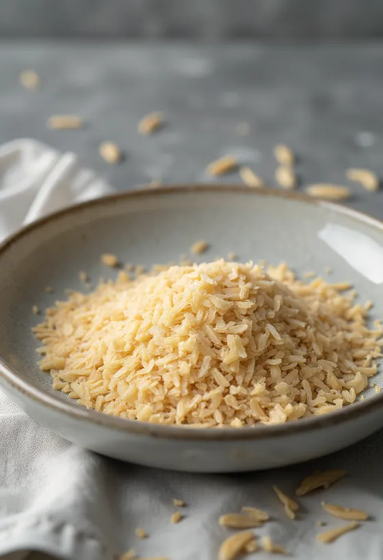 Rice bran in a small ceramic bowl and scattered on a wooden kitchen surface