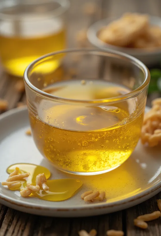 Rice bran oil in a bottle, with rice grains and bran on a natural background