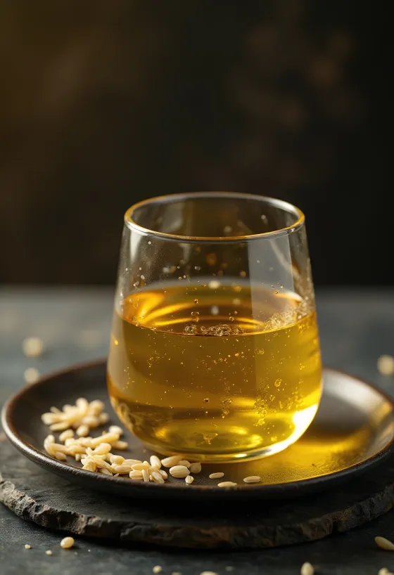 Rice bran oil in a small bowl with brown rice grains and bran