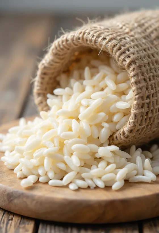 Rice flakes ingredient: flattened, dried rice grains in a bowl and scattered with wooden spoon