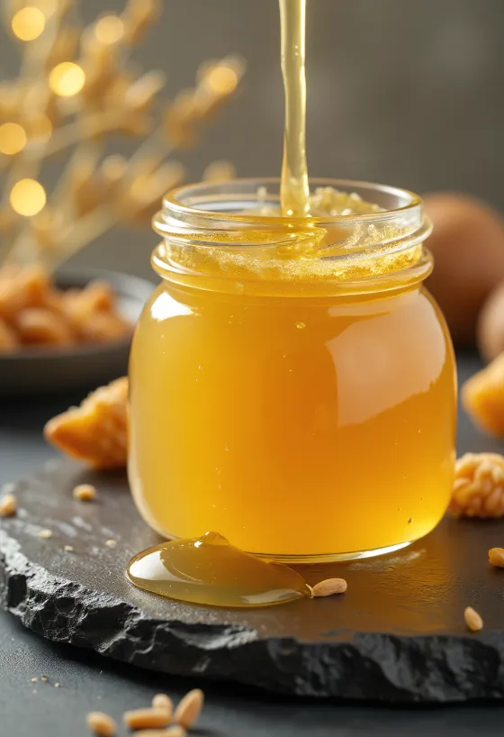 Light golden rice syrup in a jar, with wooden spoon