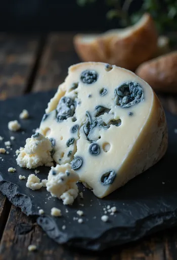 Fresh Roquefort blue cheese in a white ceramic bowl on a wooden table