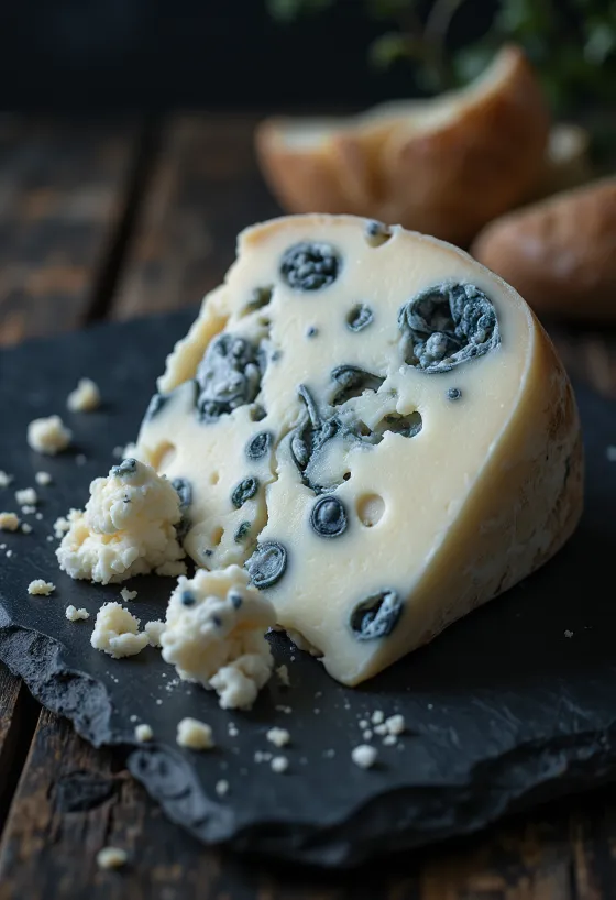 Fresh Roquefort blue cheese in a white ceramic bowl on a wooden table