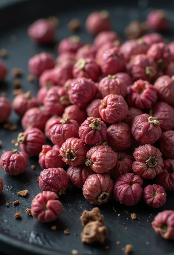 Whole pink peppercorns in a wooden bowl