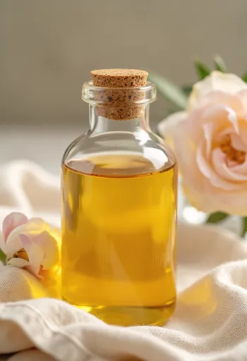 Rose oil in small vial, accompanied by rose petals and dried rose
