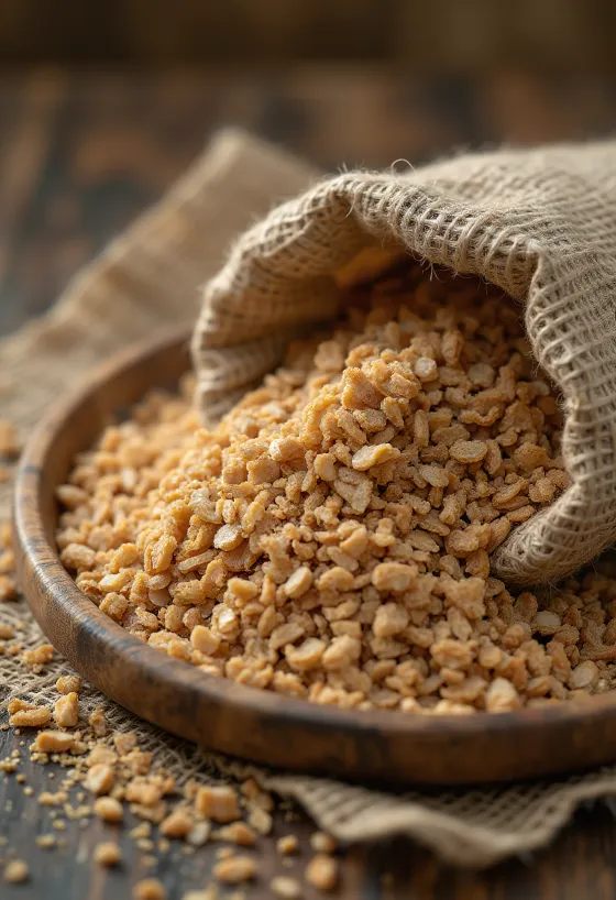 Rye bran in a bowl and scattered on a rustic kitchen surface