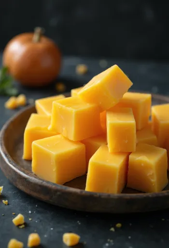 Block of yellow Cheddar cheese in a white ceramic bowl
