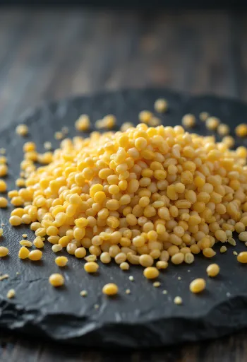 Whole yellow mustard seeds in a wooden bowl and scattered