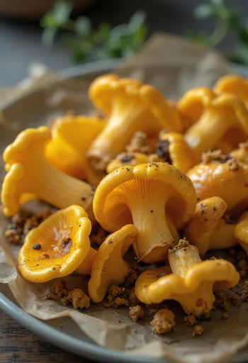 Freshly sliced Chanterelle mushrooms with herbs, garlic and olive oil on a wooden board