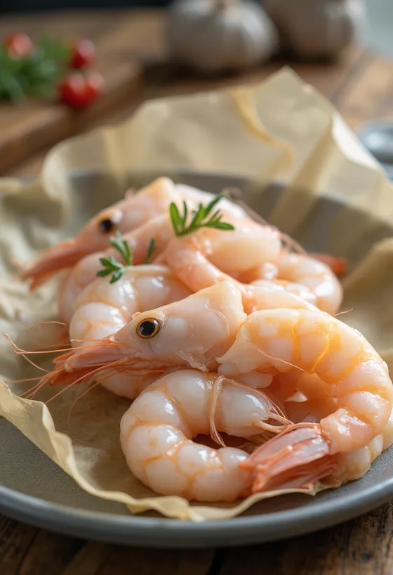 Fresh scampi (Norway lobster) meat on ice with lemon and parsley