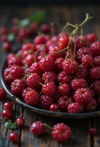 Fresh red schisandra berries, some cut open, in raw state