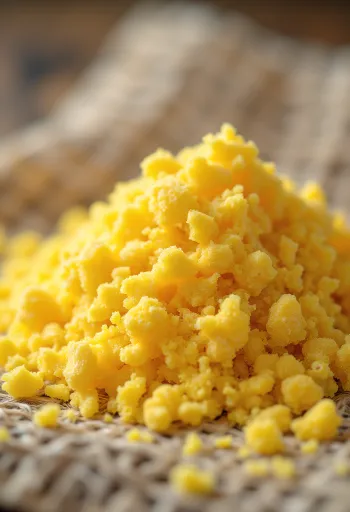 Nutritional yeast flakes in a bowl and scattered with a wooden spoon on a kitchen surface