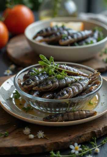 Anchovy fillets with spices and lemon on a wooden board