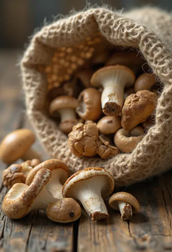 Dried mushroom slices on a rustic surface, with herbs