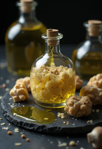 Truffle oil in a small bottle, with truffle slices and served in a dish