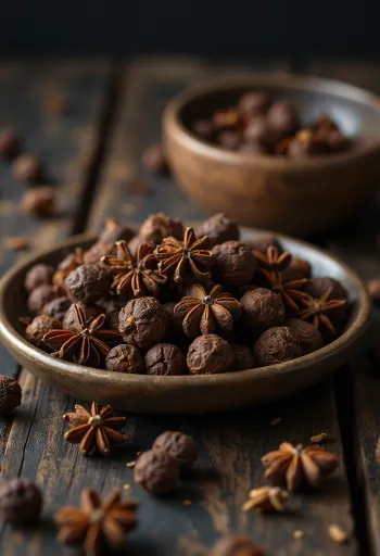 Whole allspice berries in a wooden bowl and scattered on a rustic surface