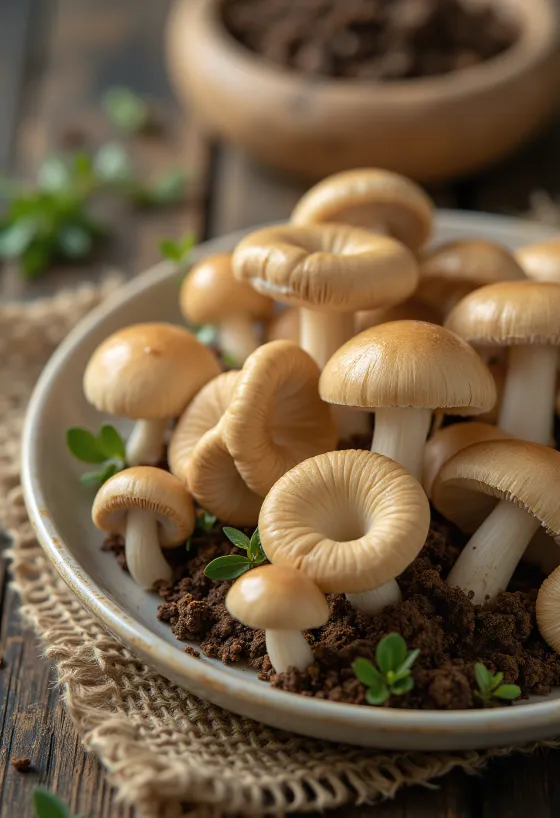 Sliced Fairy Ring Champignon mushrooms with fresh herbs and garlic