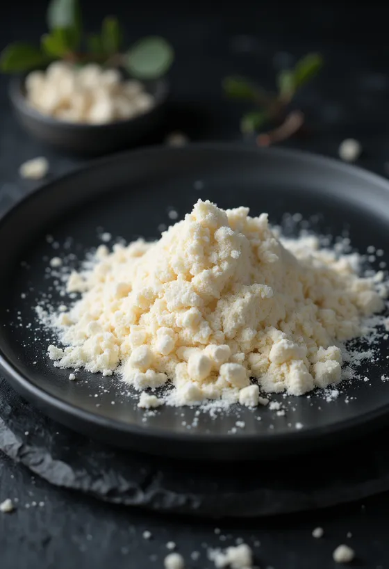 Locust bean gum in a ceramic bowl and on a wooden spoon, alongside pods