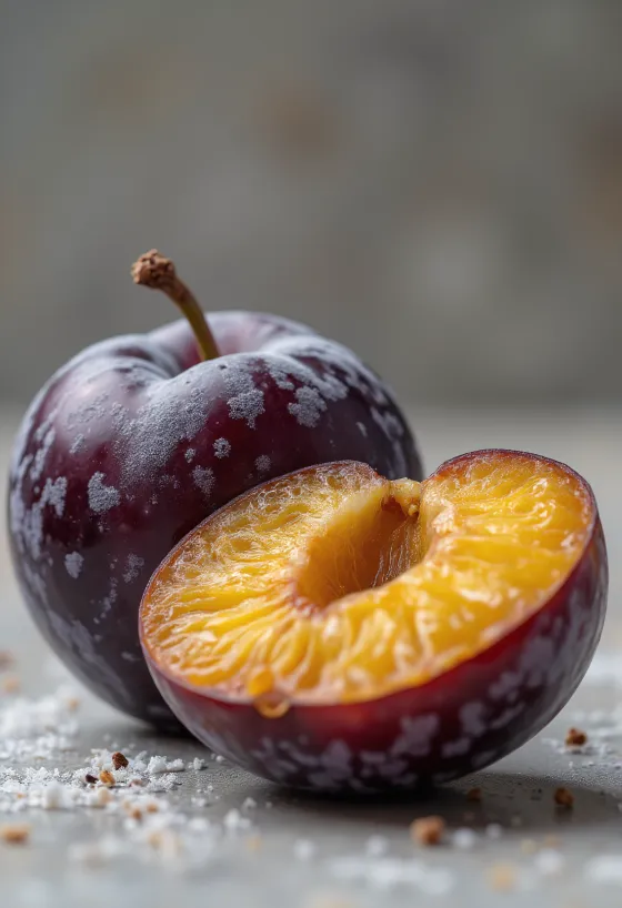 Fresh purple plums halved and whole, with homemade jam on a rustic table