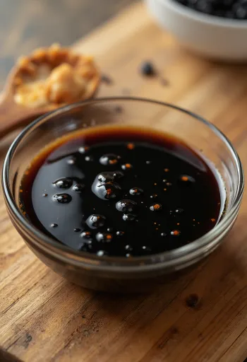 Soy sauce in a ceramic bowl, alongside fermented soya beans, roasted wheat and sea salt in wooden vessels