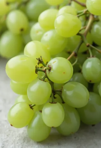 Fresh green and red grape bunches on a wooden table, next to a glass of grape juice