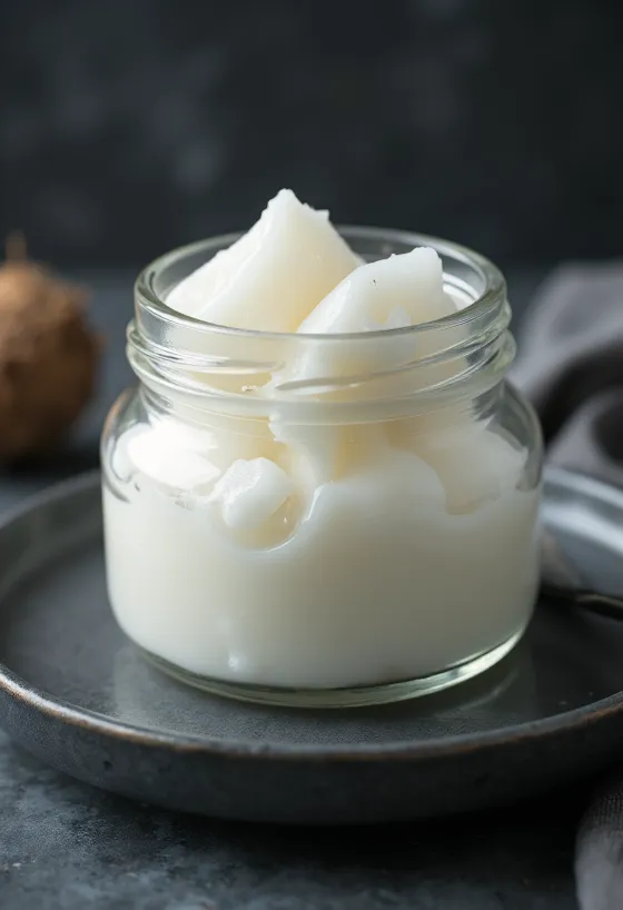 Virgin coconut oil in glass bowl, fresh coconut pieces