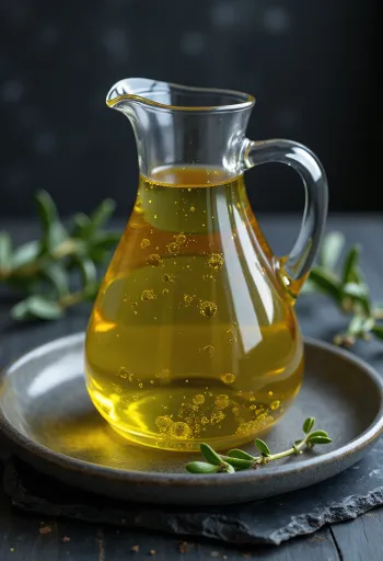 Virgin olive oil in a small glass bowl, golden yellow, decorated with olives and leaves