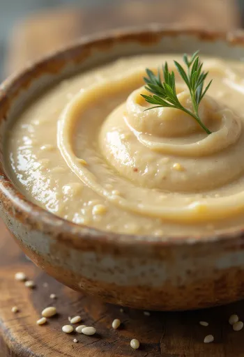 Creamy tahini paste in a bowl, alongside sesame seeds