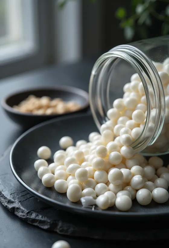Tapioca pearls in a ceramic bowl, scattered on a wooden surface