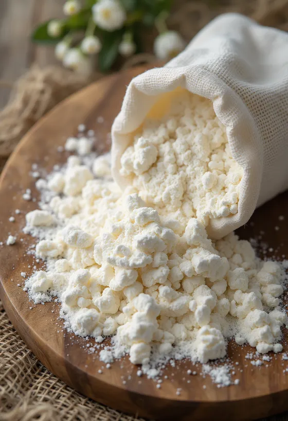 Fine tapioca flour in a bowl and spoon, on a light surface