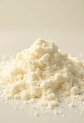 Milk powder in a rustic bowl with wooden spoon and scattered powder on wood surface